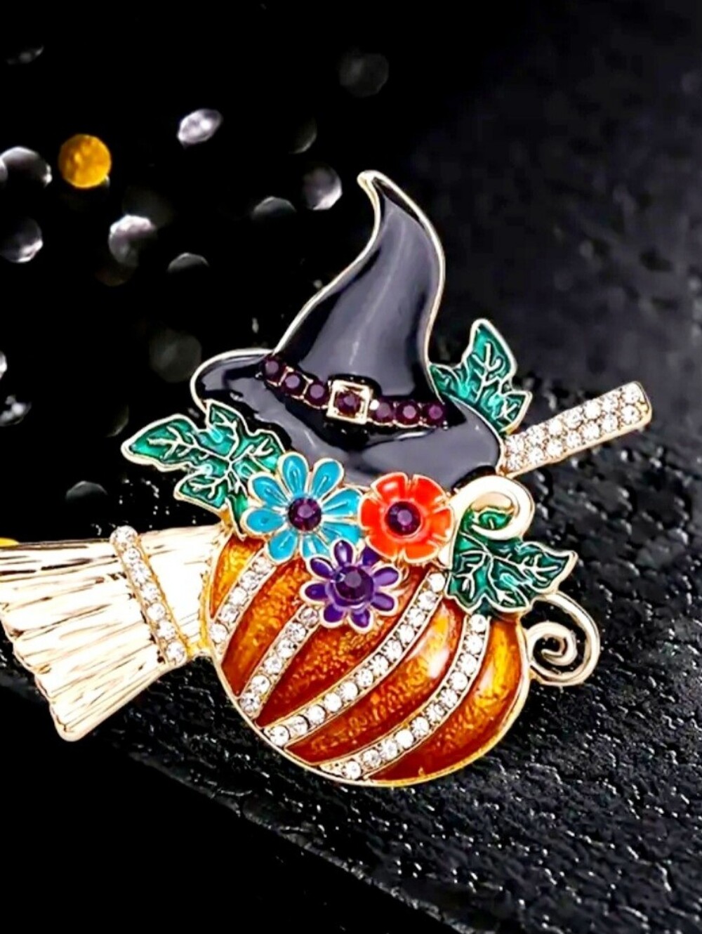 Halloween Witch Pumpkin Broomstick Enamel Brooch - Orange, Black, Green - Picture 2 of 5